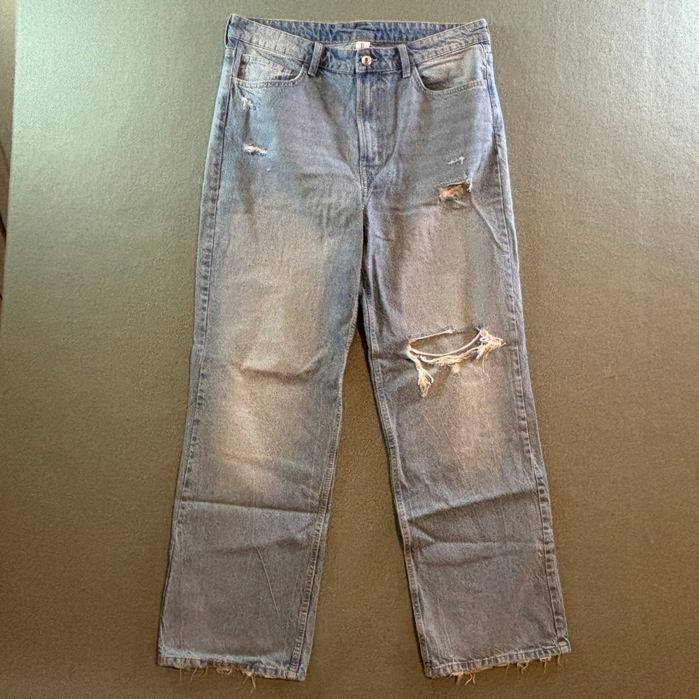 H&M &Denim Ultra High Waist Wide Leg Distressed Jeans Womens 14 Blue Denim
